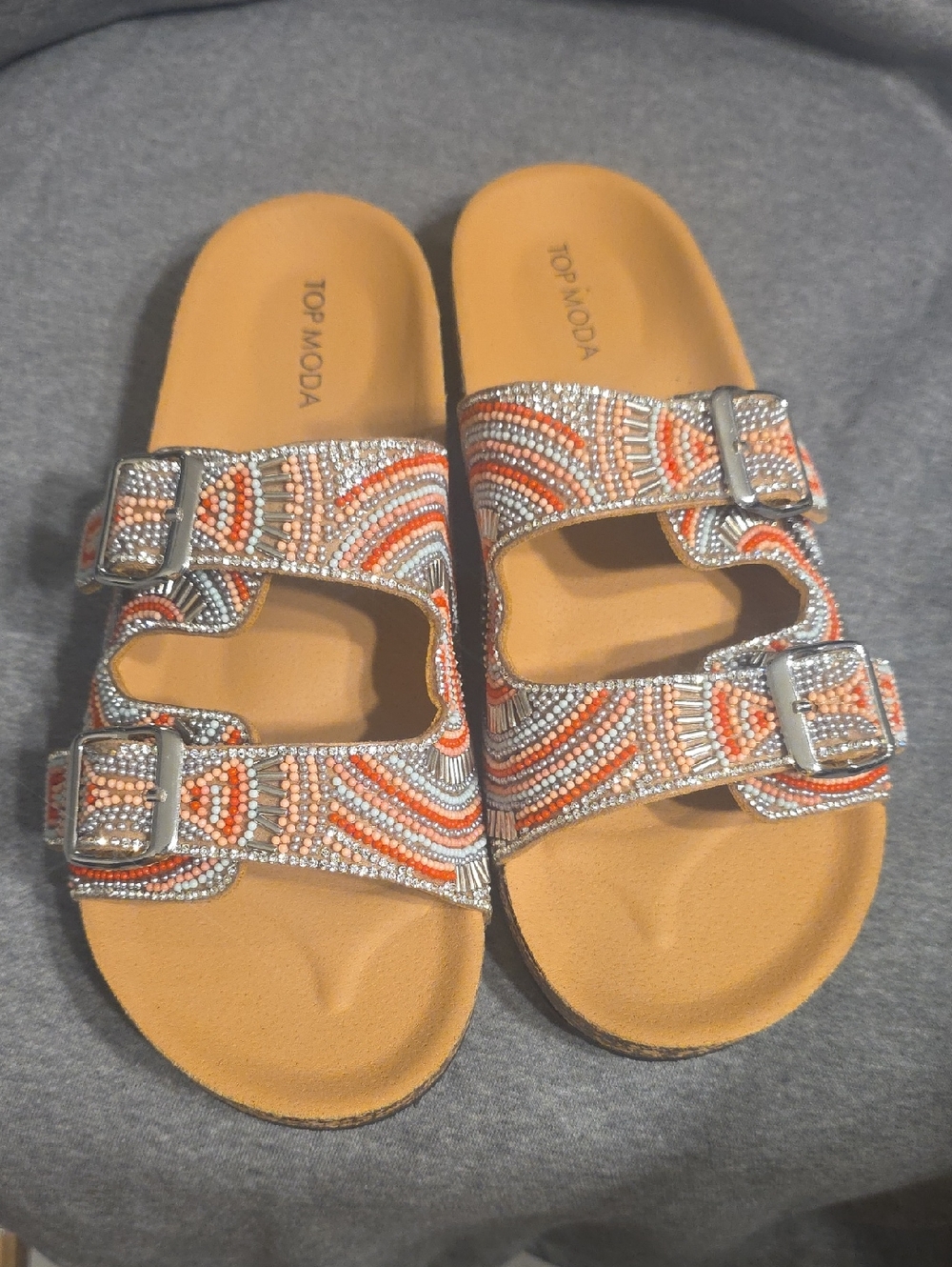 LUKE NEW OR NWOt mbellished Dual-Buckle Slide Sandals in Coral & Silver BLING. - Picture 4 of 5